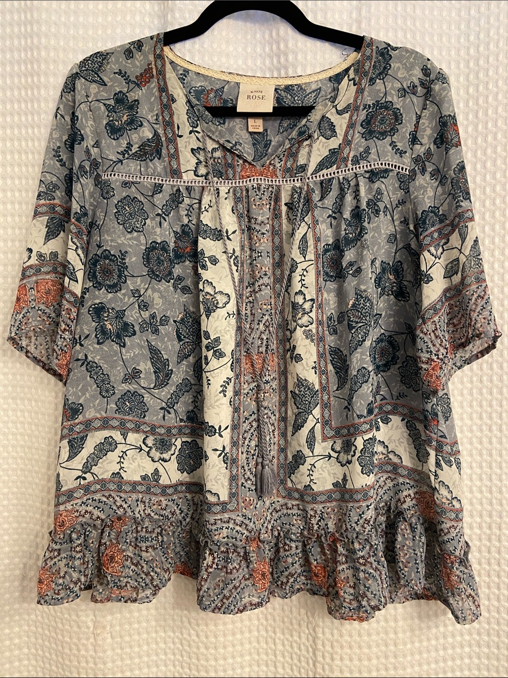 Knox Rose Floral Boho Peasant Top in Blue and Rust